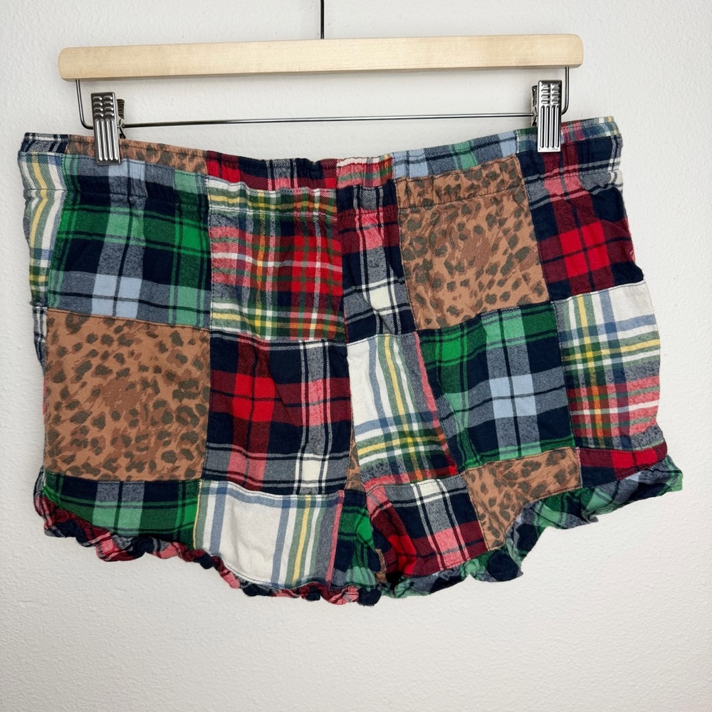 Aerie Leopard Patchwork Flannel Ruffle Boxer Pajama Shorts Women’s Large - Picture 3 of 4